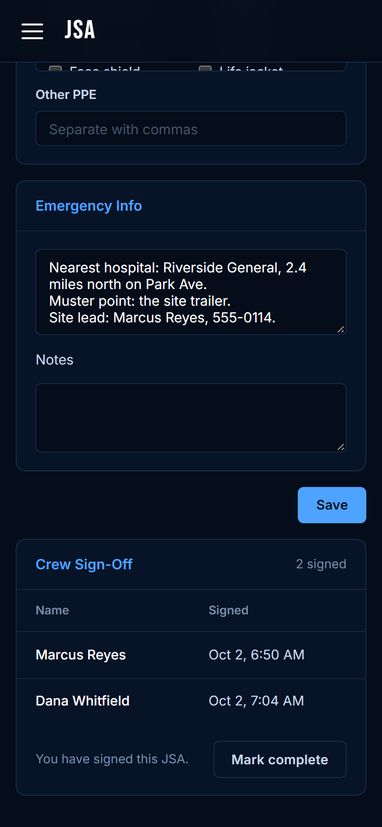 The JSA crew sign-off: each person and the time they signed