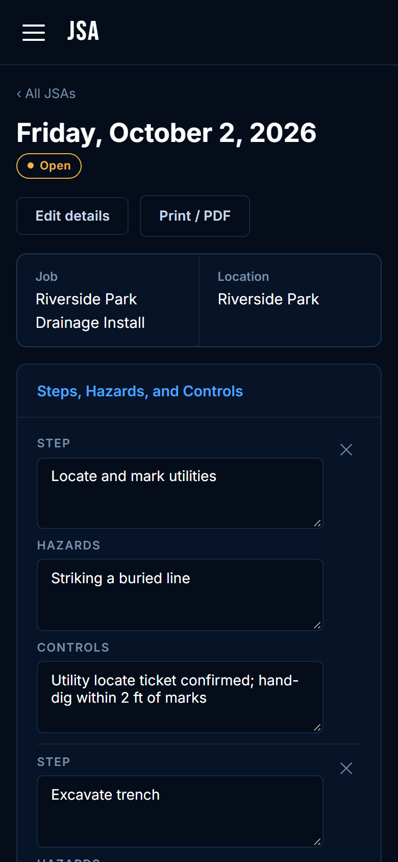 A JSA on a phone: each step with its hazards and controls