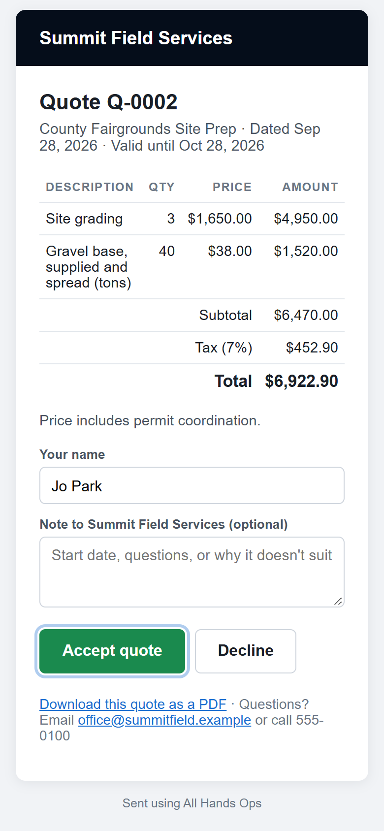 The quote page a client opens from the email, with Accept quote and Decline buttons